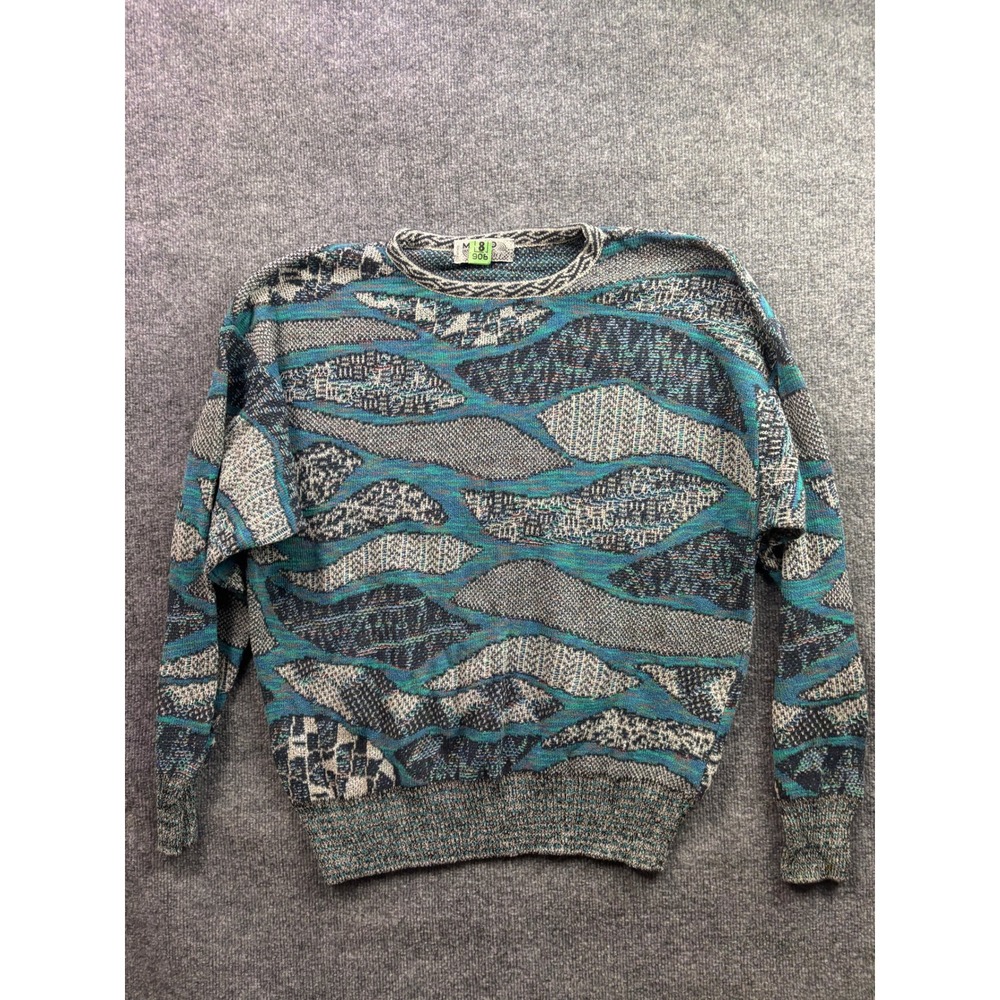 Marco di Marco Knit Sweater Mens L Teal Blue Abstract 3D Textured Vintage Italy